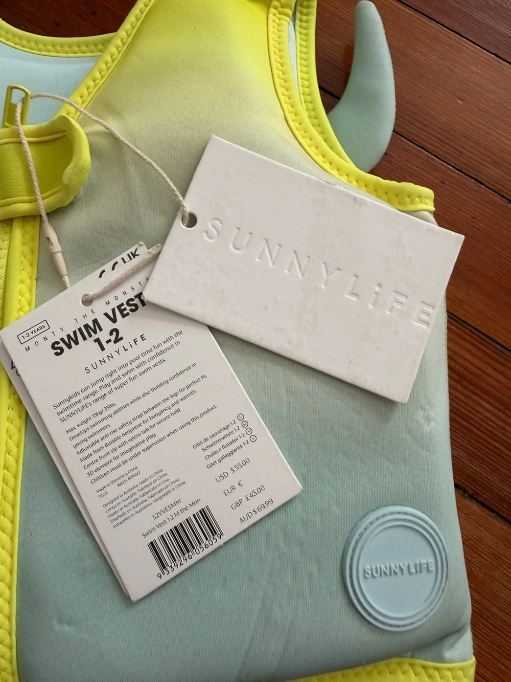Sunnylife Kids Monster Swim Vest in Yellow and Light Blue